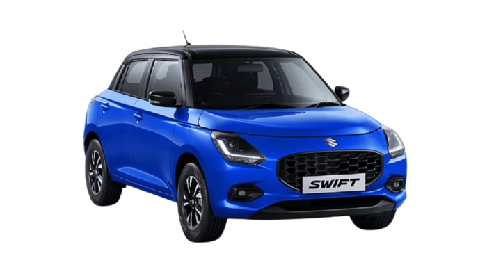 Mahir Car Rental in Goa - Maruti Suzuki Swift Manual highlighted in a sporty front view.